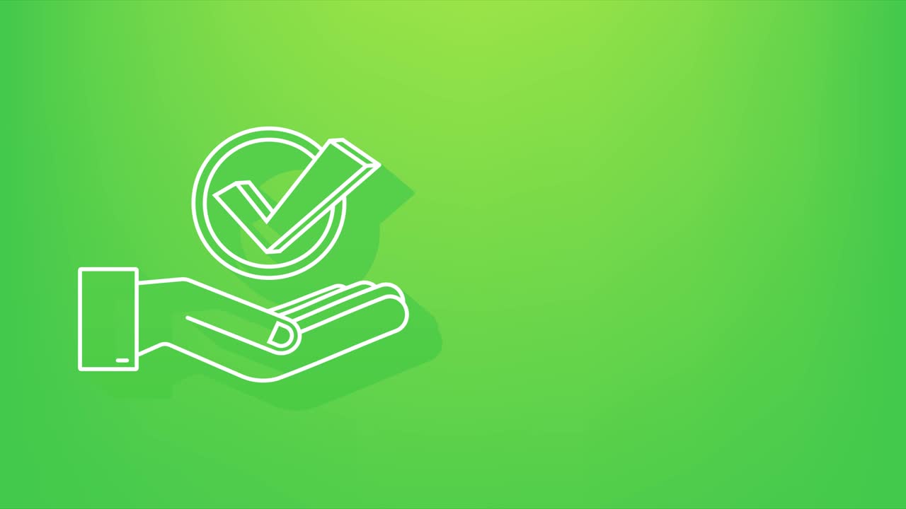 손 위에 매달린 그림자 체크 마크. 녹색 승인 된 별 스티커. 모션 그래픽