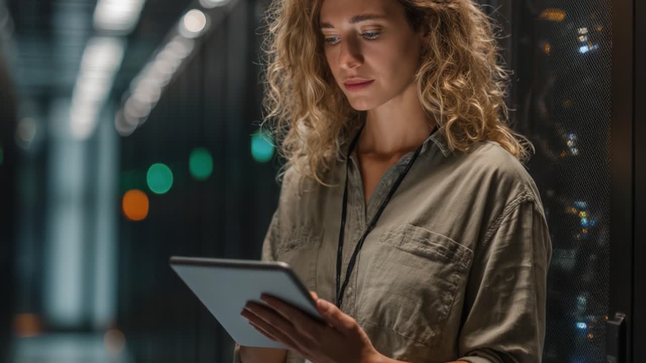 Focused Woman Analyzing Data on Tablet Surrounded by Server Racks in a High-Tech Data Center Environment