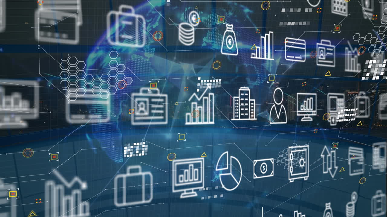 animación de formas y globo que gira sobre iconos financieros en fondo marino
