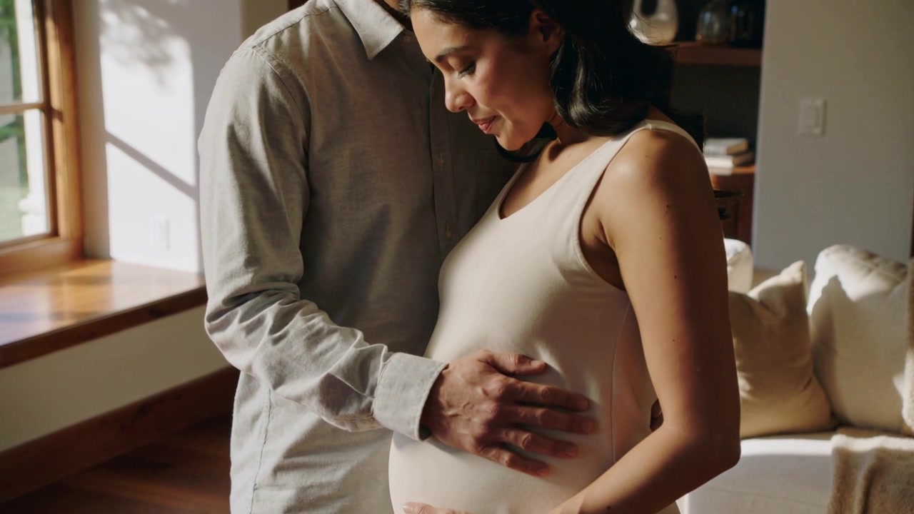 Man placing hand on bump, couple feeling baby, caressing in living room with dress and shirt