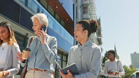 internship, phone call and business people walking