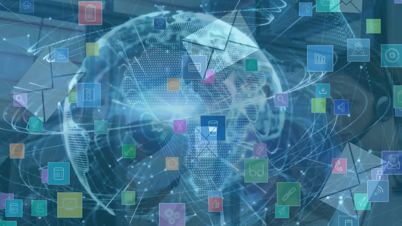 animación de la red de conexiones con iconos sobre personas de negocios que usan auriculares telefónicos