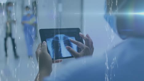 estructuras moleculares flotando contra una doctora examinando rayos x usando una tableta digital en el hospital