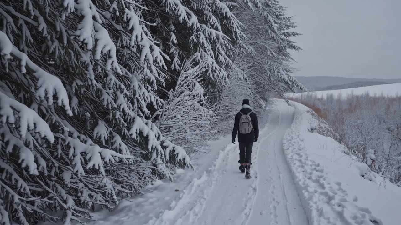 A person walks through a snowy forest path, captured from behind at eye level
