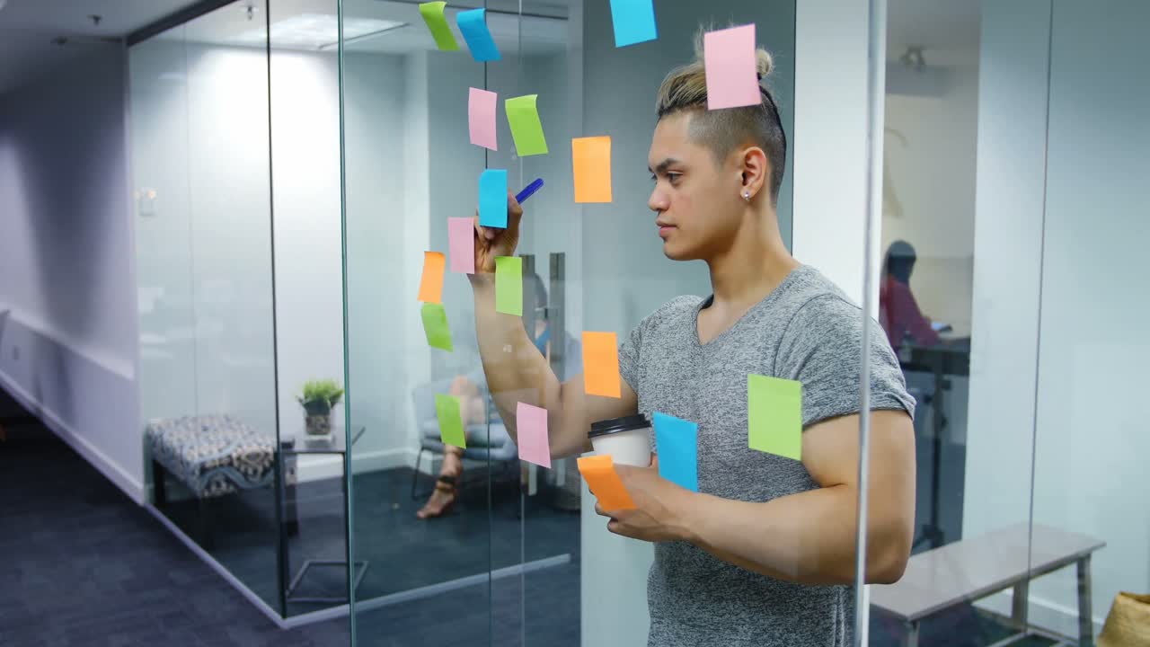 Male executive writing on stick notes