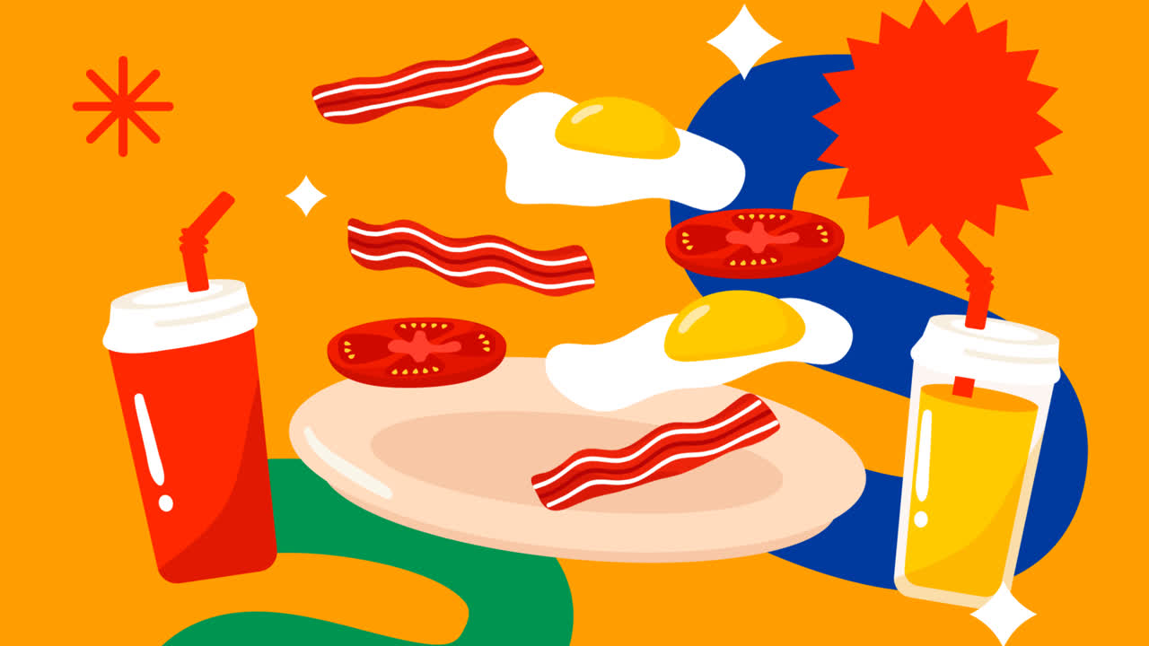 손으로 그린 맛있는 음식 레스토랑 랜딩 페이지의 모션 그래픽