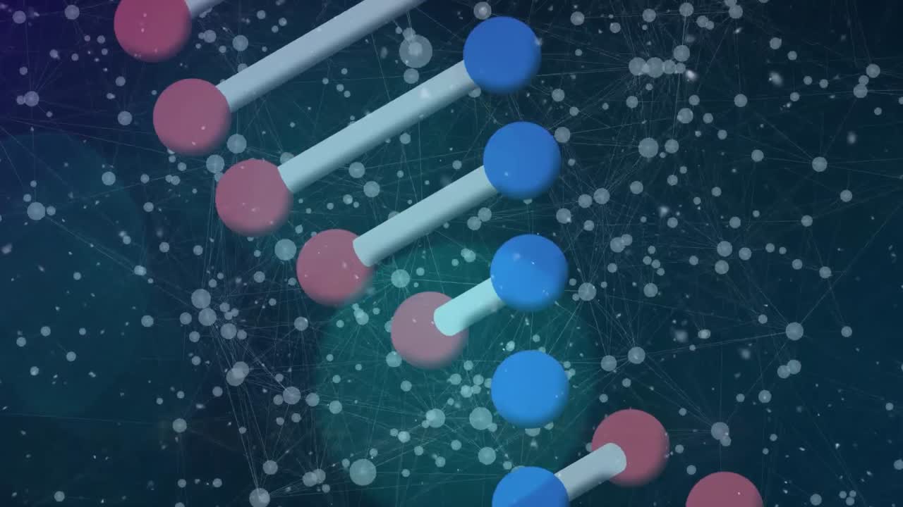 검은 바탕 위에 회전하는 dna 사슬의 애니메이션과  ⁇  점