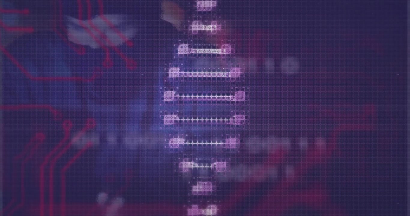 On interface opening pixelated neon helix rotating clockwise on purple grid, cycling for UI demo