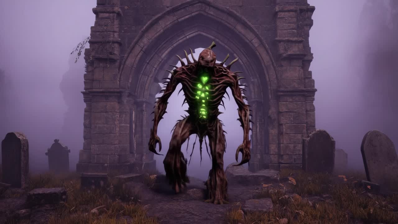 A monstrous creature with a glowing chest in a dark gothic graveyard