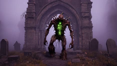 a monstrous creature with a glowing chest in a dark gothic graveyard