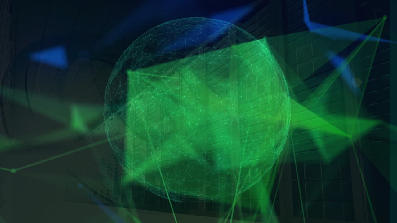 초록색과 파란색의 모양이 검은 공간에서 지구 위로 움직이는 애니메이션