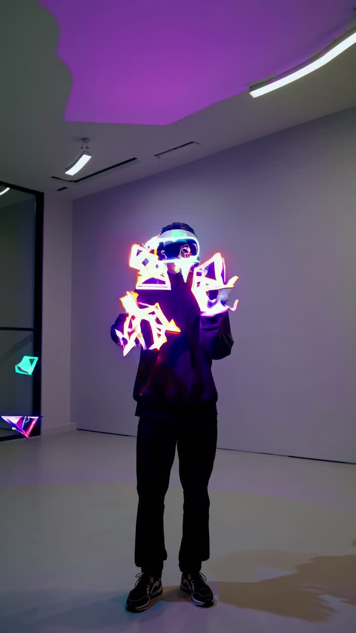 Un concetto video futuristico con un'inquadratura dal basso di una persona con visore VR, circondata da digital.