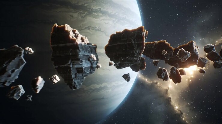 Moving camera translating rightward along fractured rubble near gas giant, revealing rim lit nebula