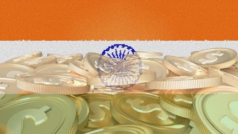 animation of flag of india over stack of gold coins