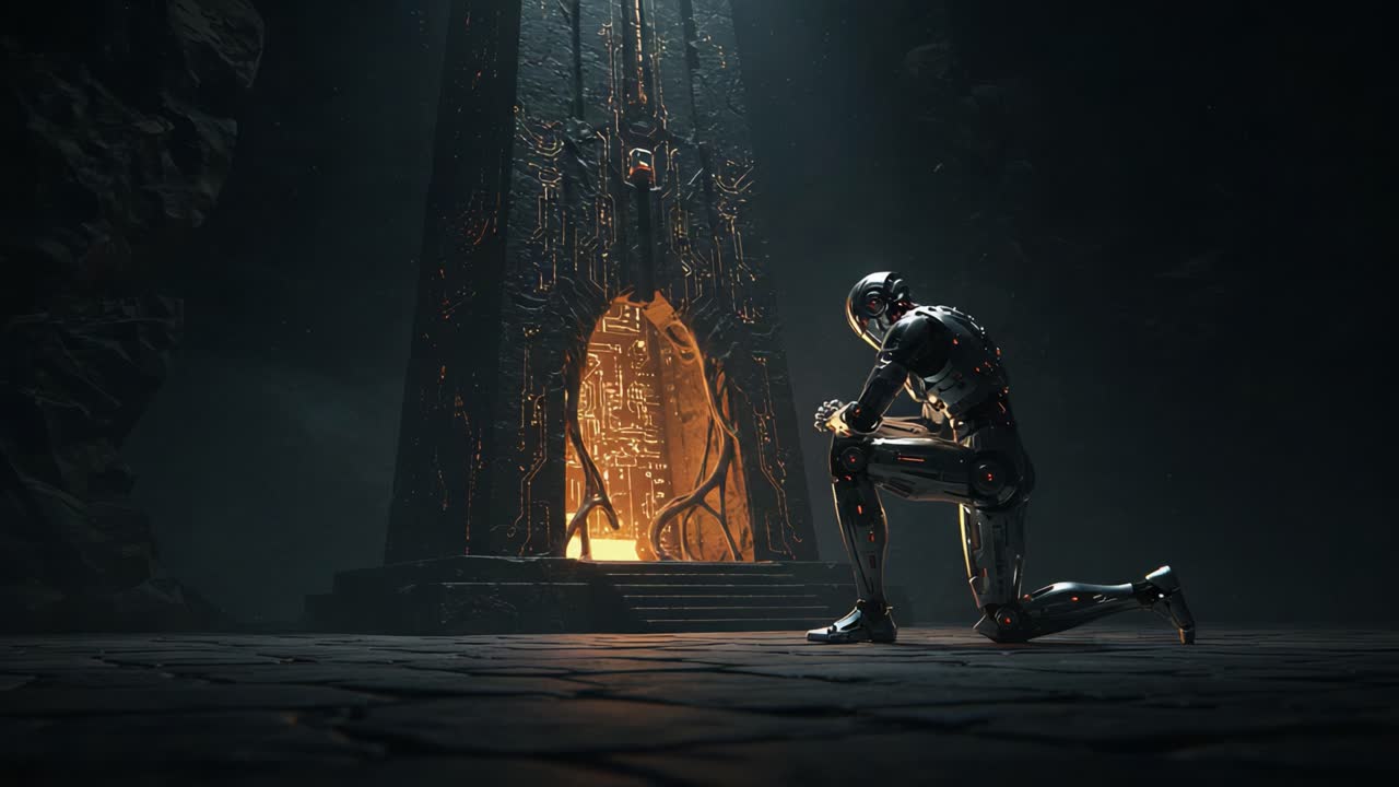 A futuristic scene depicting a humanoid robot kneeling in reverence before a glowing ancient structure, surrounded by dark, mysterious cave-like terrain, evoking themes of technology and spirituality