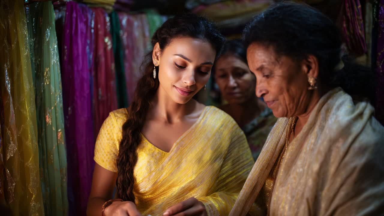 A Vibrant Marketplace Scene Featuring a Young Woman Engaging in a Conversation with an Elderly Woman in Traditional Attire Surrounded by Colorful Fabrics and Textiles, Highlighting Culture and Connection