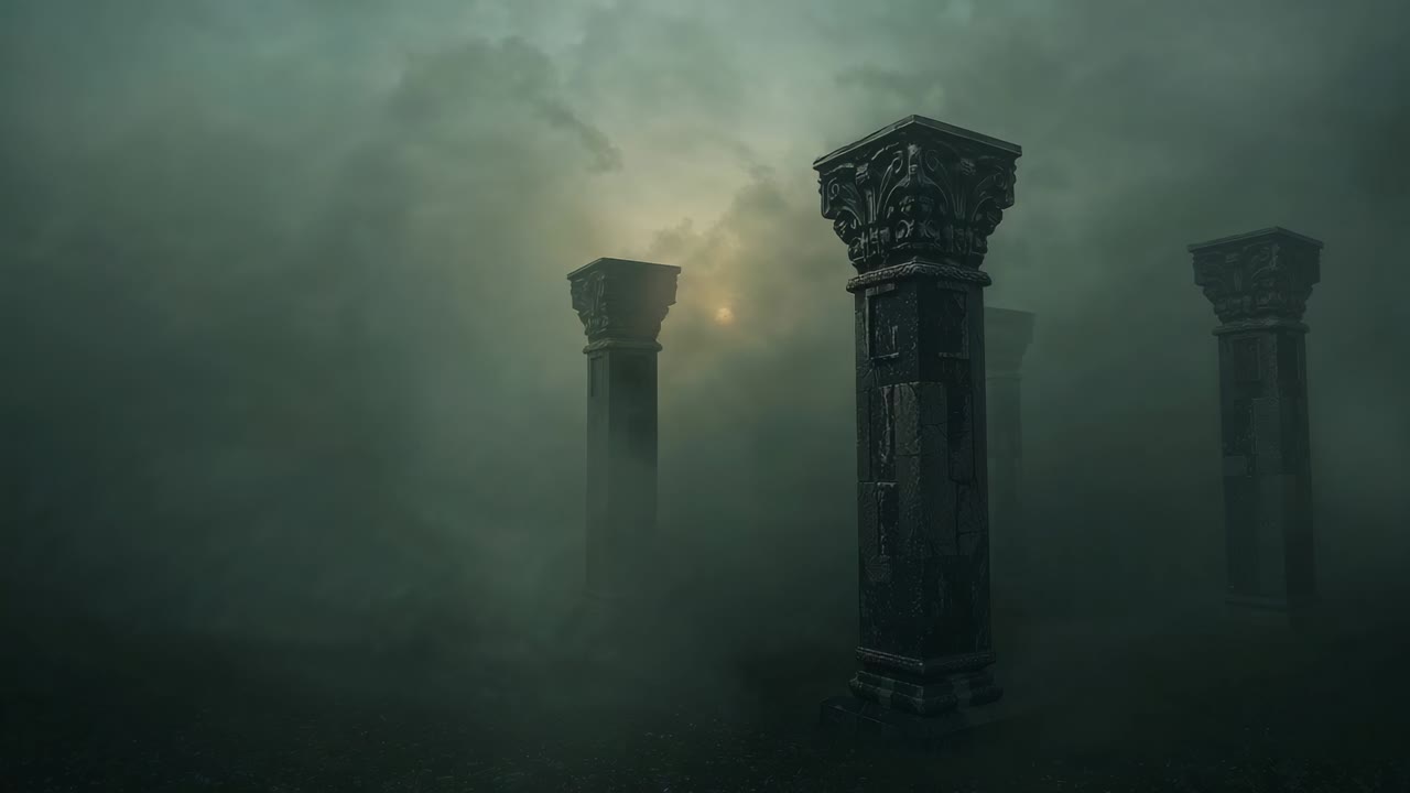 Fog thinning cam panning near column among three columns showing capitals on fog plain, copy space