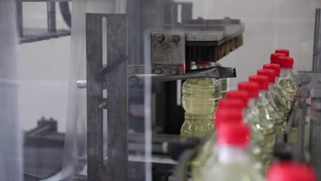 high-speed machinery sorting and sealing plastic bottles of vinegar in a factory