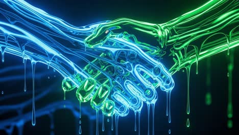 an artistic representation of connection: glowing neon hands forming a dynamic grip, symbolizing unity, collaboration, and technology's interplay in a futuristic context