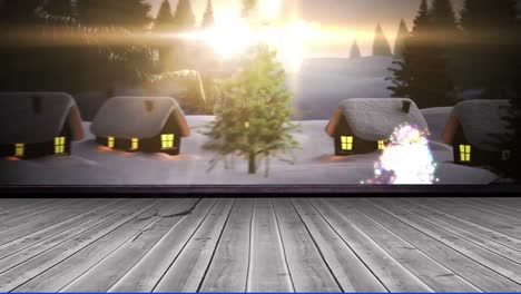 Animation-of-shooting-star-over-winter-landscape-and-wooden-board-surface