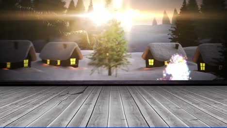 animación de estrella fugaz sobre paisaje de invierno y superficie de tablero de madera