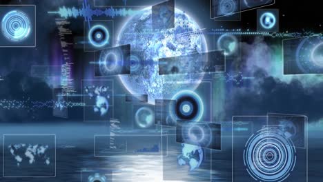 Animation-of-data-processing-with-scope-scanning-over-sea,-moon-and-clouds