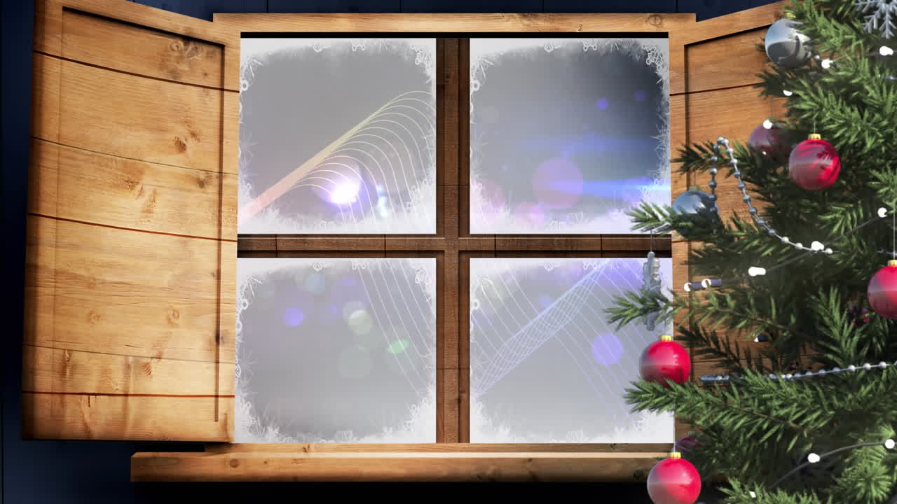 Christmas tree and wooden window frame against digital wave and spots of light on blue background