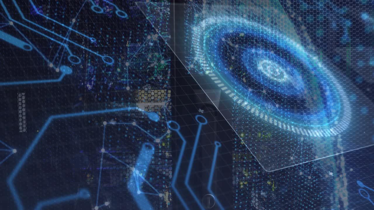 Faint ring appearing, HUD disc forming rings and dots, left circuitry brightening, visualizing data