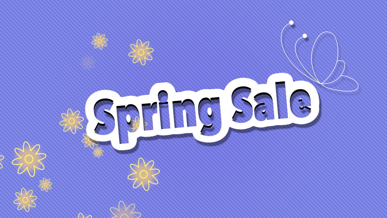 Spring Sale with flying shiny flowers and butterfly on blue gradient