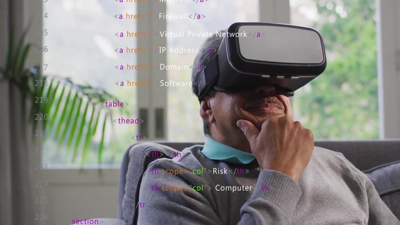 Senior man on couch wearing VR headset, activating cyber overlay scrolling over him assessing risk