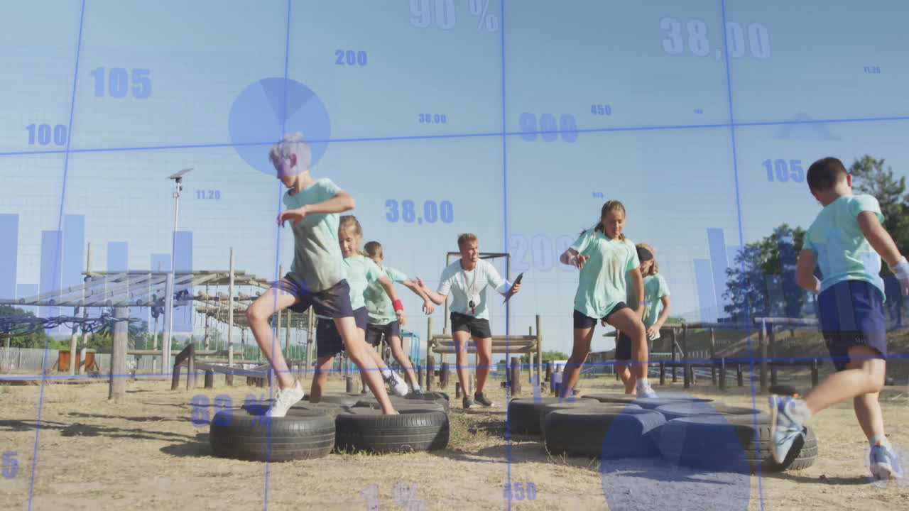 Exercising outdoors, children interacting with animation of graphs and numbers