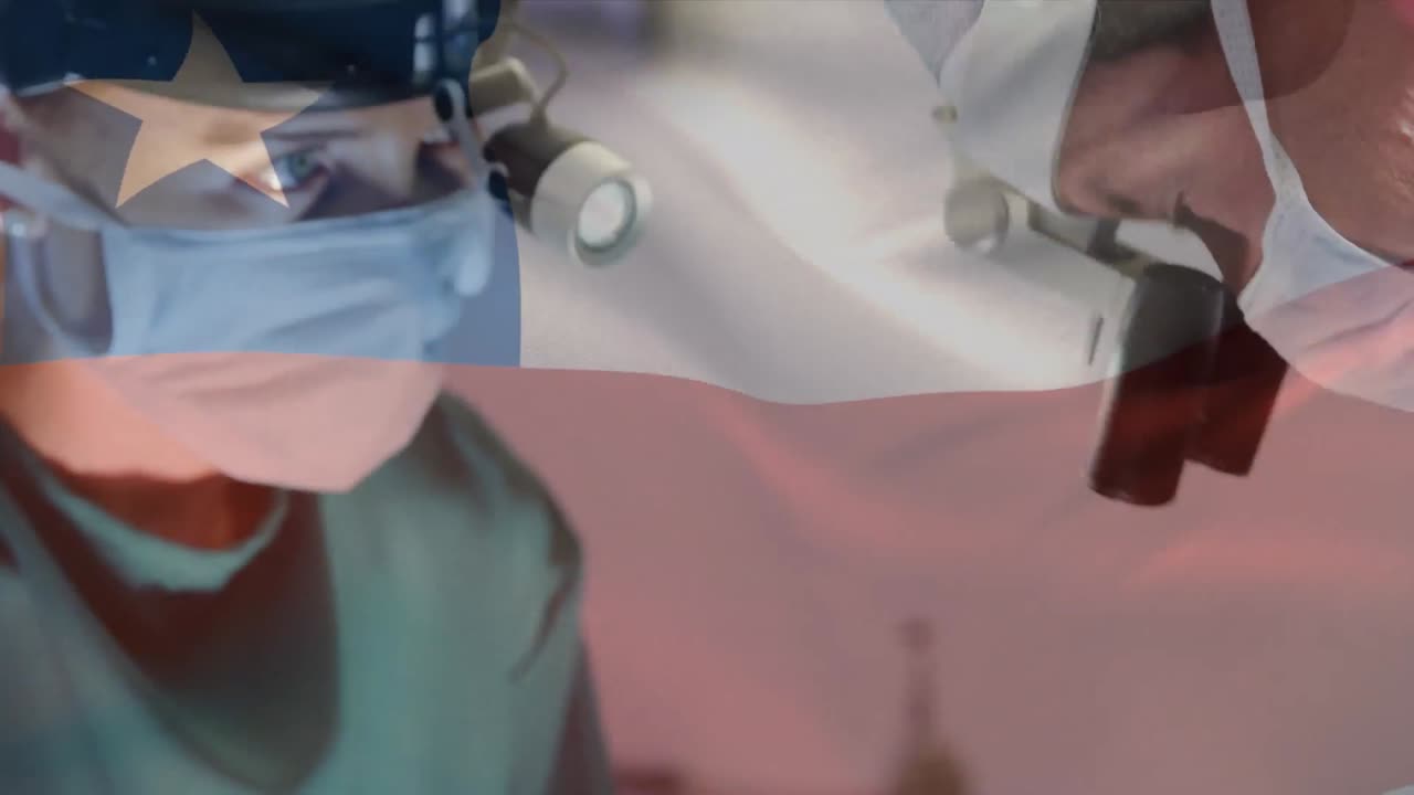 Animation of flag of chile waving over surgeons in operating theatre
