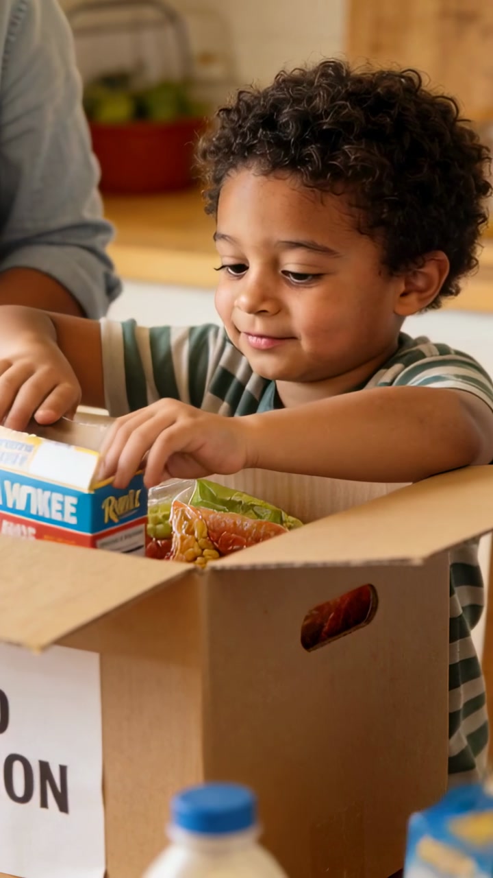 Excited Little Boy Helping to Pack a Food Donation Box