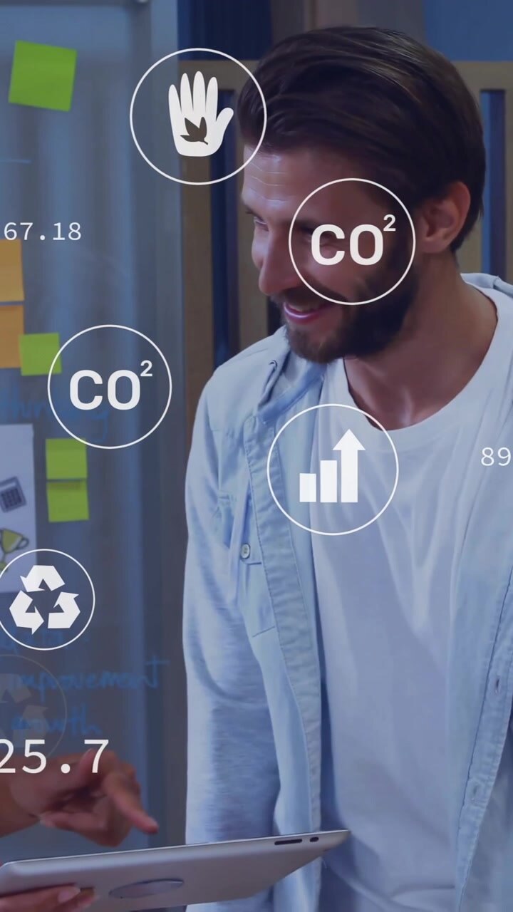 Animation of eco icons and data processing over diverse business people in office