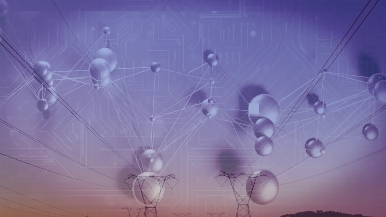 Floating translucent spheres connecting through thin white lines over gradient backdrop with towers