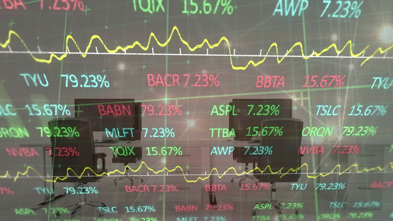 Animasjon av finansiell databehandling og nettverk av forbindelser over kontorpulter med datamaskiner