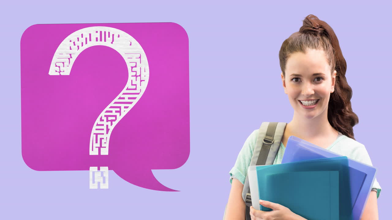 animación de una burbuja de habla con un signo de pregunta sobre una estudiante caucásica