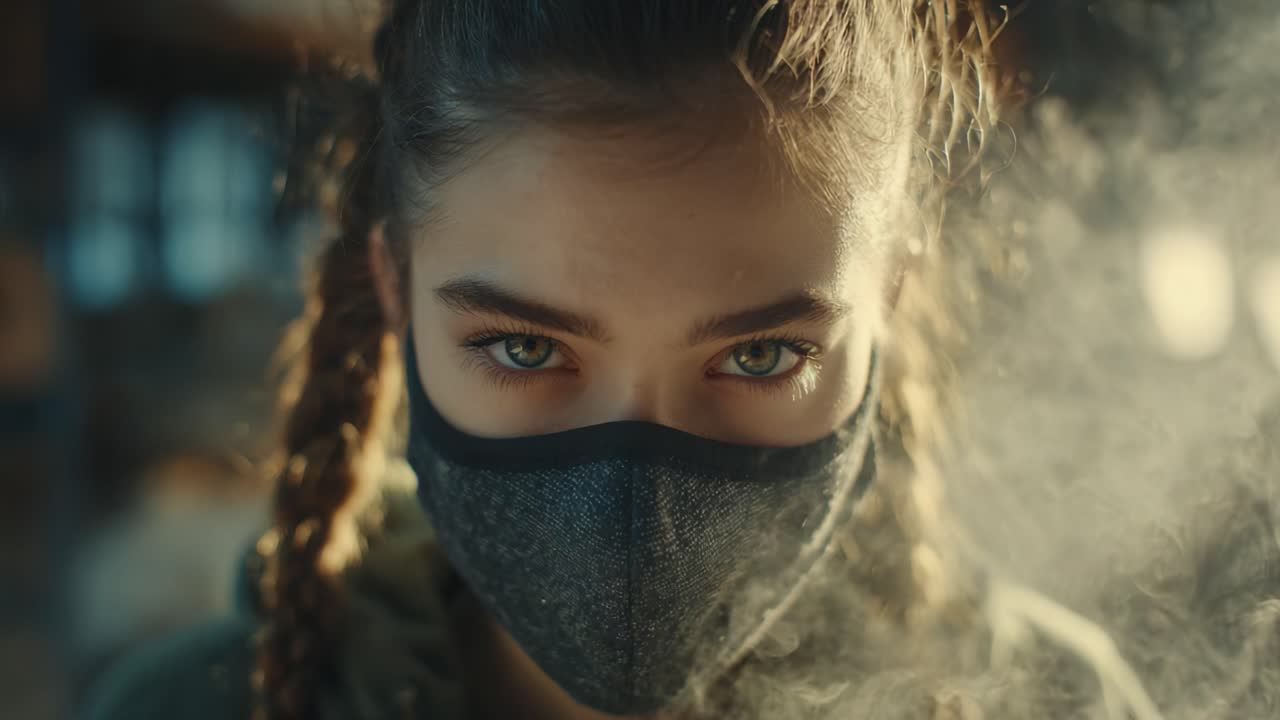 Intense Close-Up of a Young Woman Wearing a Mask, Capturing the Power of Her Emotive Gaze Amidst a Dreamy, Mysterious Atmosphere Filled with Soft Light and Mist