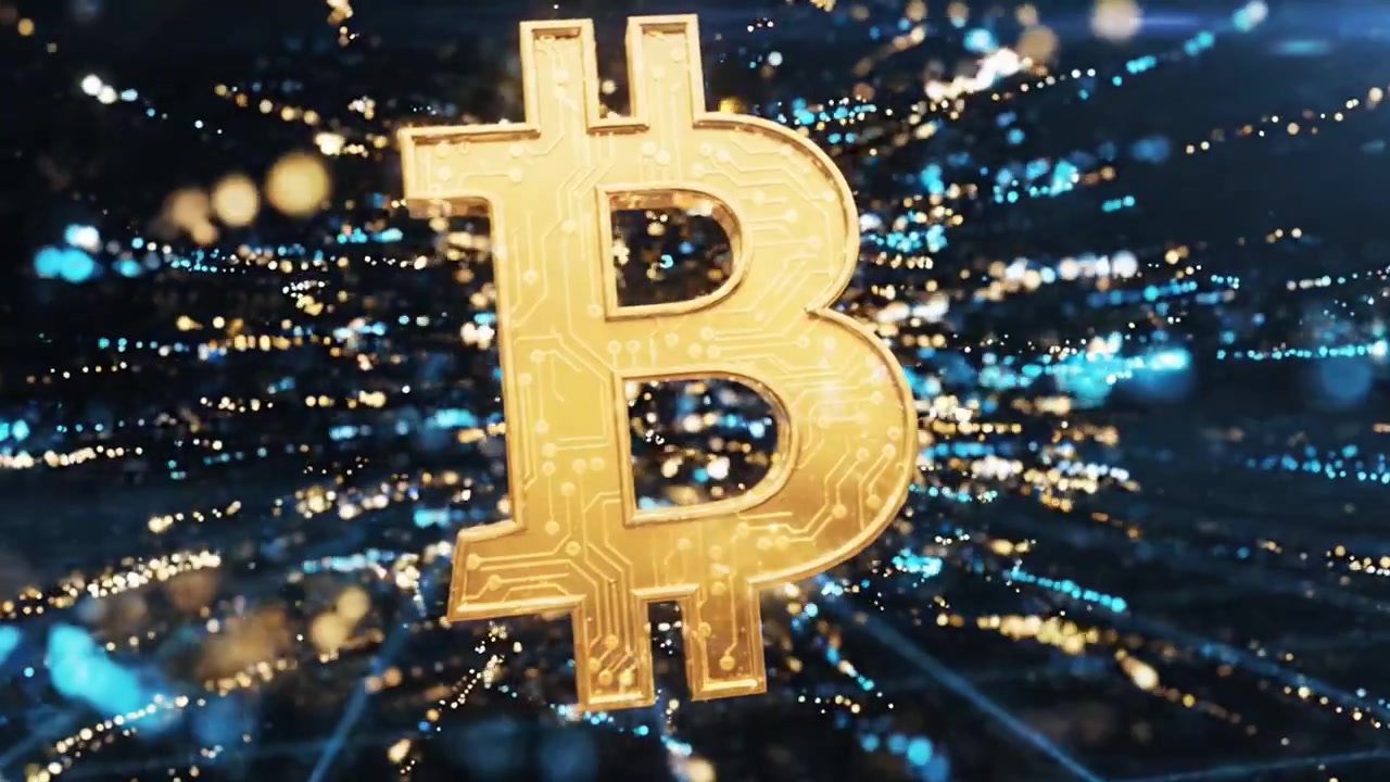 Immagini dinamiche di un logo Bitcoin dorato circondato da un'esplosione di effetti luminosi in un ambiente digitale ad alta tecnologia che rappresenta la criptovaluta.