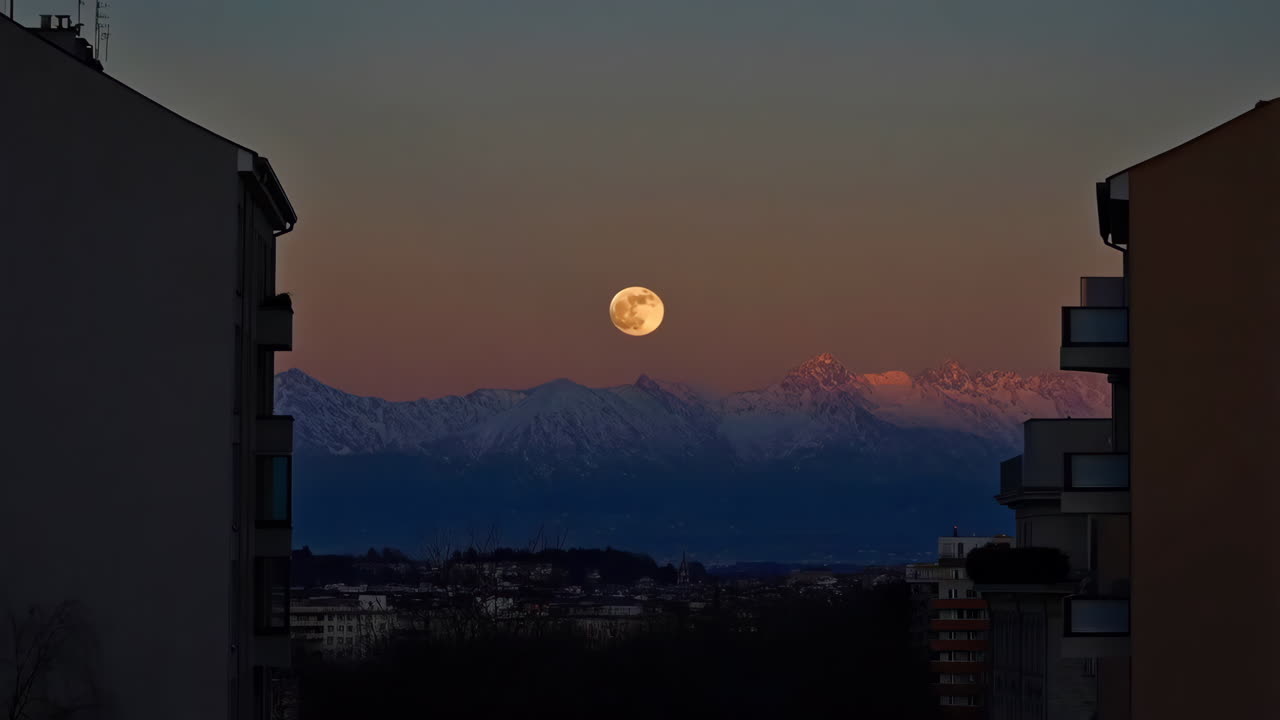 Full Moon Rising Over Snow-Capped Mountains and Cityscape at Twilight