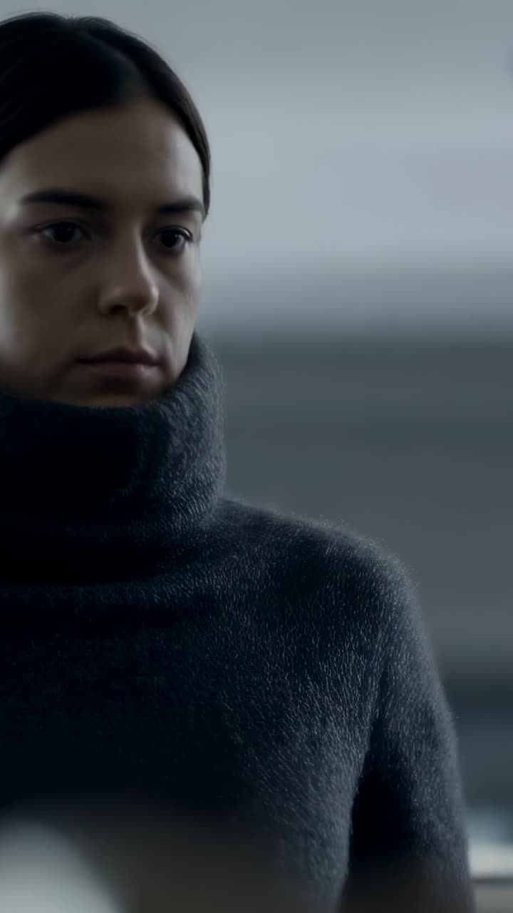 Vertical video: Woman in grey fuzzy turtleneck turning head left in cool space, thinking after cue