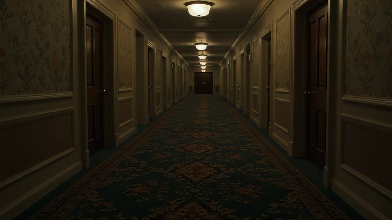 A Mysterious and Dimly Lit Hotel Corridor Featuring Elaborate Decorative Elements and Soft Lighting, Creating an Atmospheric Sense of Isolation and Anticipation