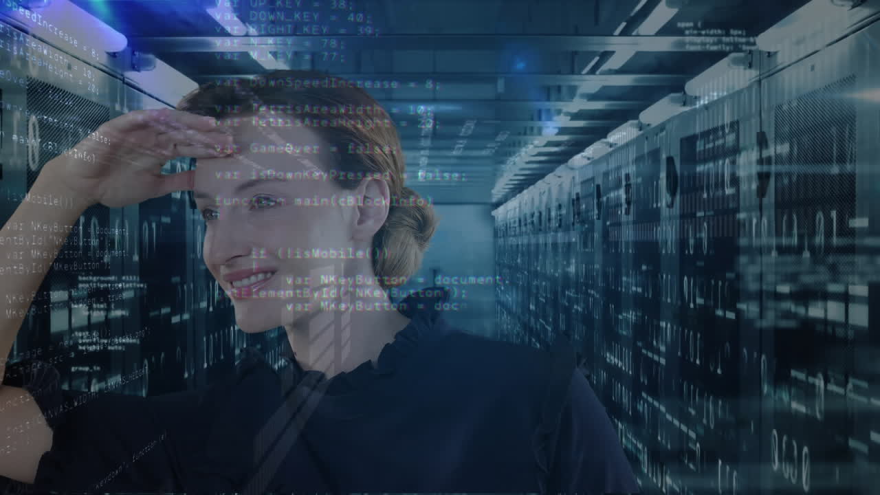 анимация белой женщины, держащей руку на лбу и ищущей что-то над данными.