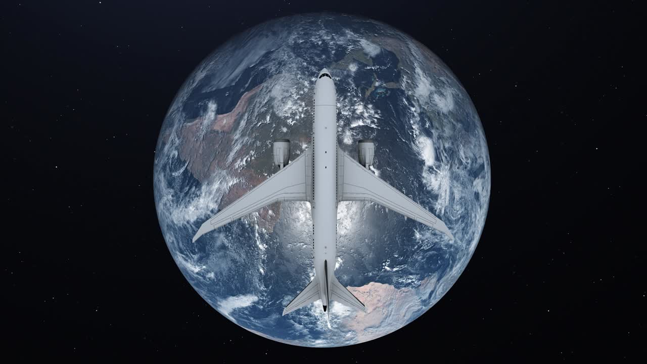 concepto de viaje de avión volando alrededor de la tierra. vista desde el espacio