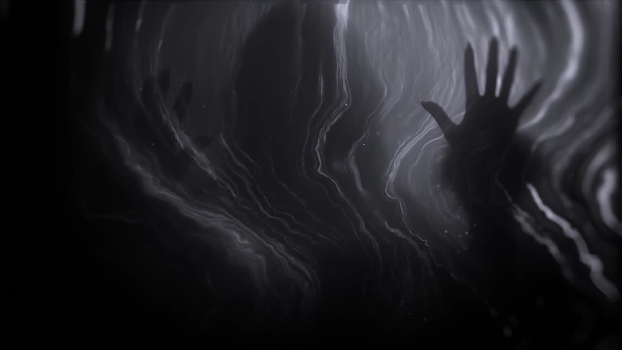 Inquietante silhouette di una mano che si allunga in acqua scura e astratta.