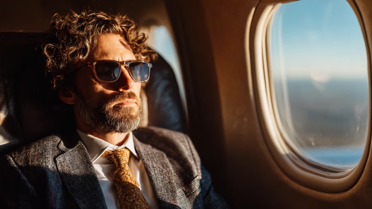 An Elegant Traveler: A Thoughtful Man in Sunglasses Seated by the Window on an Airplane Enjoying a Scenic View During a Golden Sunset While Reflecting on His Journey