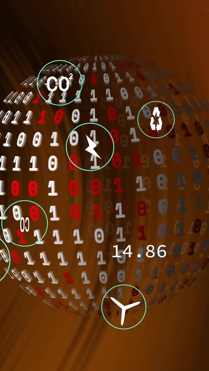 Binary code sphere with various icons and numbers, data processing animation