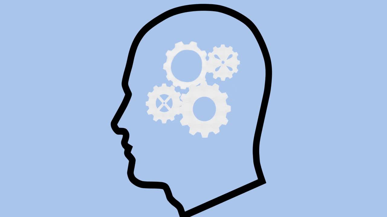 Animation of human head icon with cogs on blue background