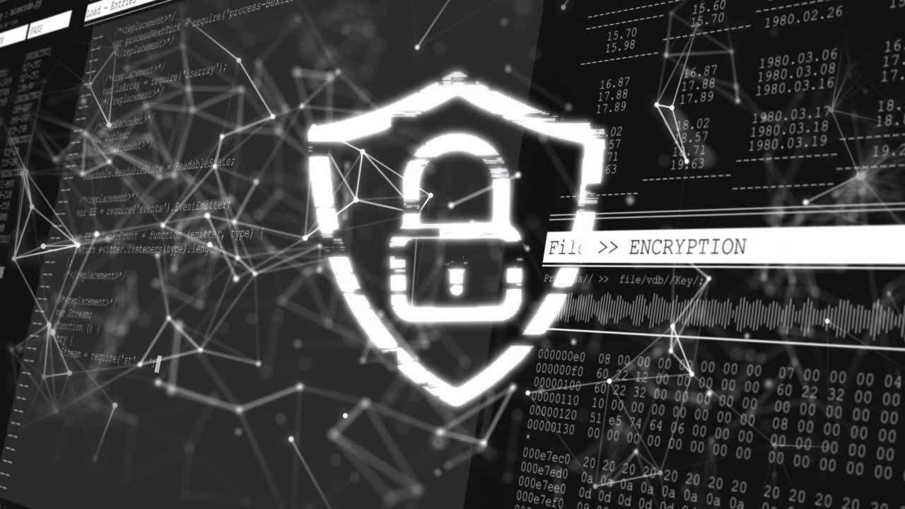 Digital encryption shield with network connections and data processing animation