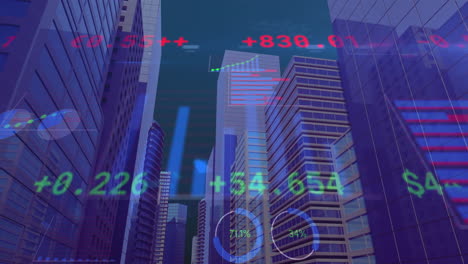 animation of financial data processing over cityscape